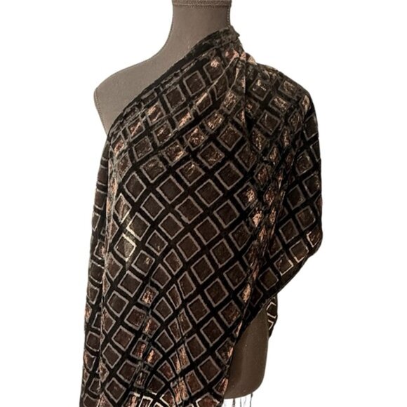 Crushed Velvet Checker Square Pattern Black Brown Scarf Sheer Fringe Silk - Picture 1 of 10